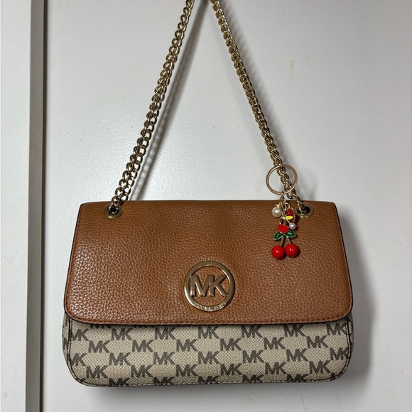 Michael Kors Fulton Brown Pebble & Canvas Leather Crossbody Purse - Picture 1 of 12